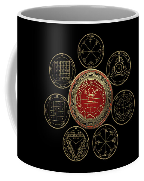 'sacred Symbols' Collection By Serge Averbukh Coffee Mug featuring the digital art Gold Seal of Solomon over Seven Pentacles of Saturn on Black Canvas by Serge Averbukh