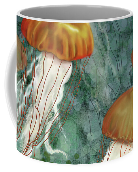 Jellyfish Coffee Mug featuring the digital art Golden Jellyfish in Green Sea by Sand And Chi
