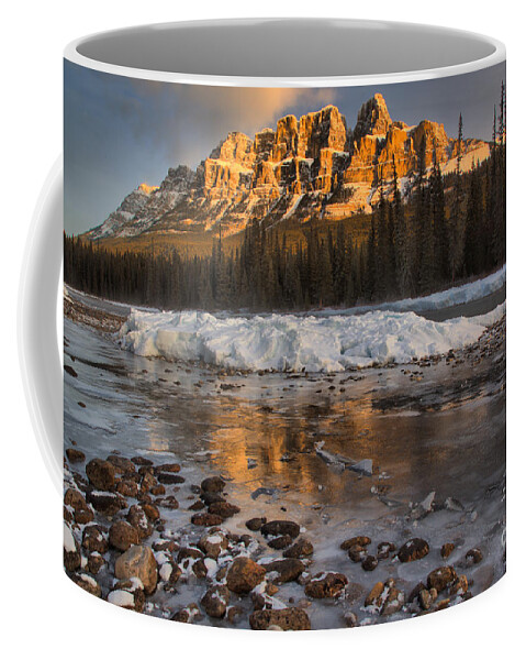 Castle Mountain Coffee Mug featuring the photograph Golden Reflections By The River Rocks by Adam Jewell