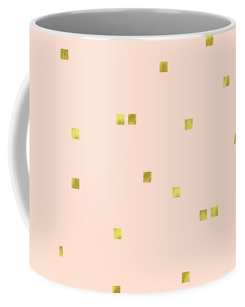 Minimalist Coffee Mug featuring the digital art Golden scattered confetti pattern, baby pink background by Tina Lavoie