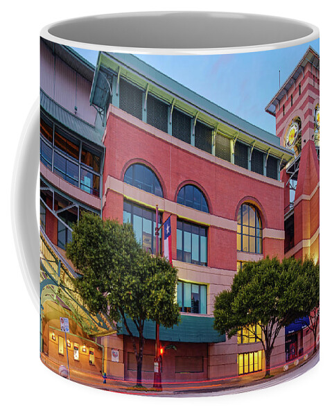 Downtown Coffee Mug featuring the photograph Golden Sunset Glow on the Facade of Minute Maid Park - Downtown Houston Harris County Texas by Silvio Ligutti