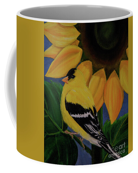 Finch Coffee Mug featuring the painting Goldfinch and Sunflower by Jane Axman