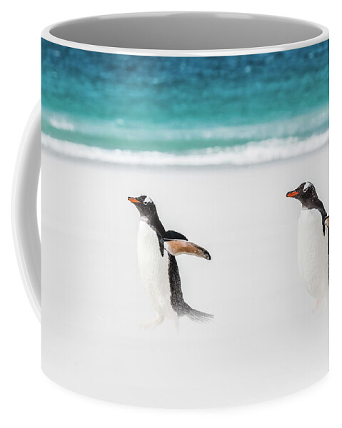 The Falklands Coffee Mug featuring the photograph Gentoo penguins caught in a sand storm. by Usha Peddamatham