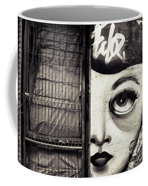  Coffee Mug featuring the photograph Graffiti Monochrome - Journey to the Centre of the Eye by Daliana Pacuraru