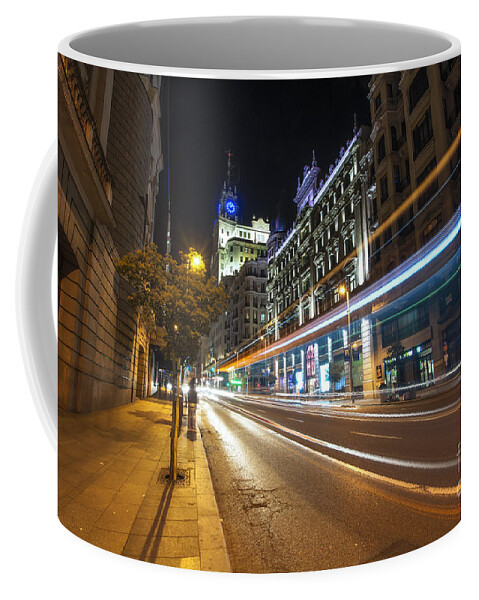 Yhun Suarez Coffee Mug featuring the photograph Gran Via Light Trails 1.0 by Yhun Suarez