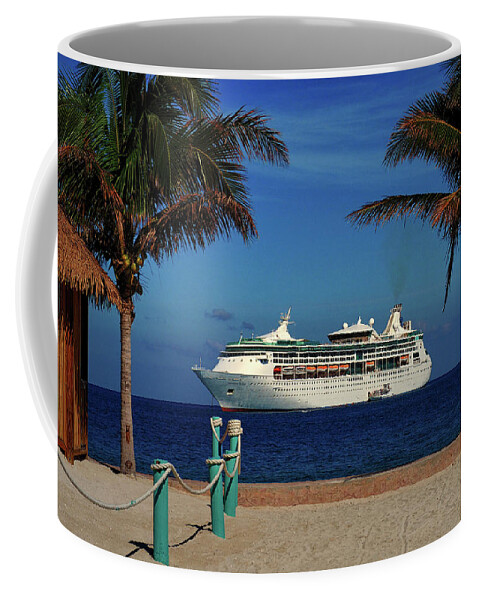 Grandeur Of The Seas Coffee Mug featuring the photograph Granduer of the Seas Anchored At Coco Cay by Bill Swartwout