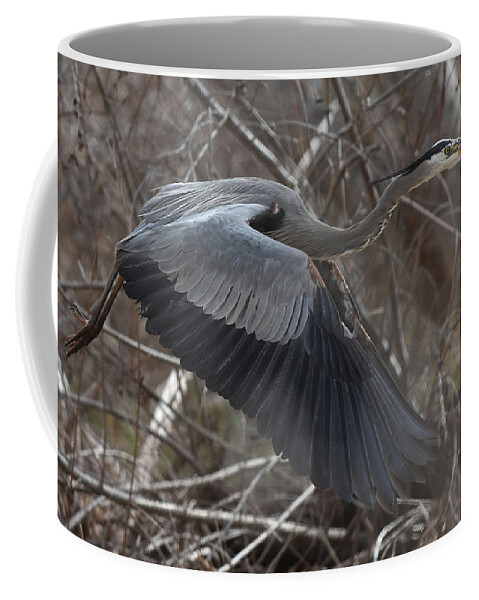 Heron Coffee Mug featuring the photograph Great Blue Getaway by Ben Foster