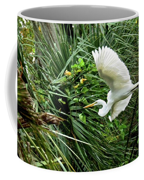 Egret Coffee Mug featuring the photograph Great Egret In Flight by Carol Bradley