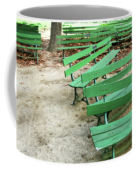 Green Coffee Mug featuring the mixed media Green Benches- Fine Art Photo by Linda Woods by Linda Woods