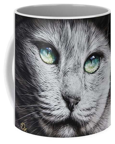 Cat Coffee Mug featuring the mixed media Green-eyed diva by Elena Kolotusha