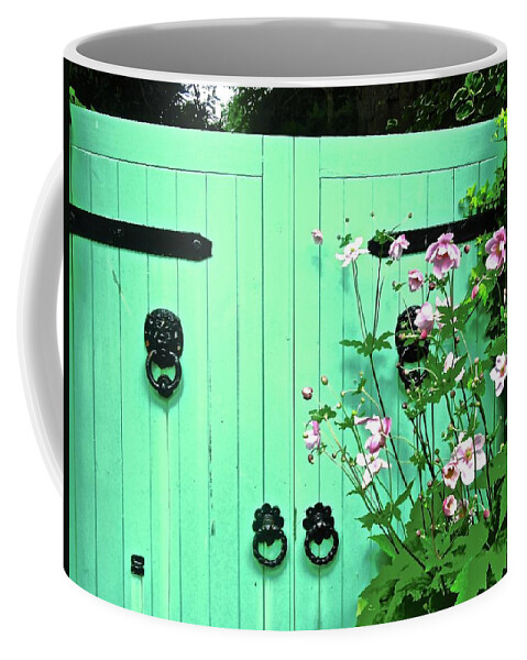 Gate Coffee Mug featuring the photograph Green Gate with Flowers by Stephanie Moore