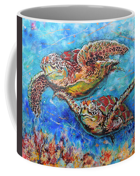 Marine Turtles Coffee Mug featuring the painting Green Sea Turtles by Jyotika Shroff