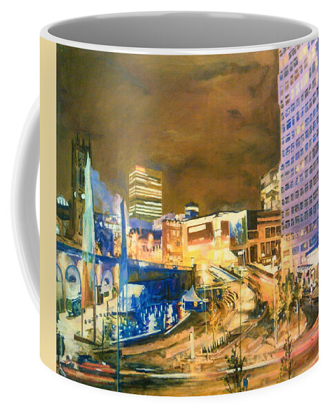 Manchester City Centre Coffee Mug featuring the painting Greengate, Salford, Manchester At Night by Rosanne Gartner
