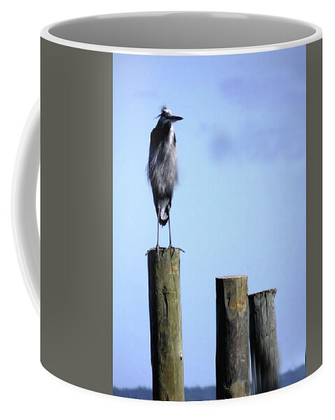 Birds Coffee Mug featuring the photograph Grey Heron On A Pole by Angelcia Carol Wright
