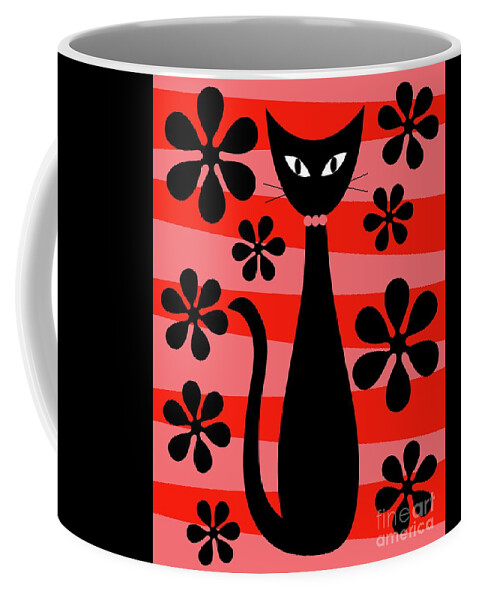 Donna Mibus Coffee Mug featuring the digital art Groovy Flowers with Cat Red and Light Red by Donna Mibus