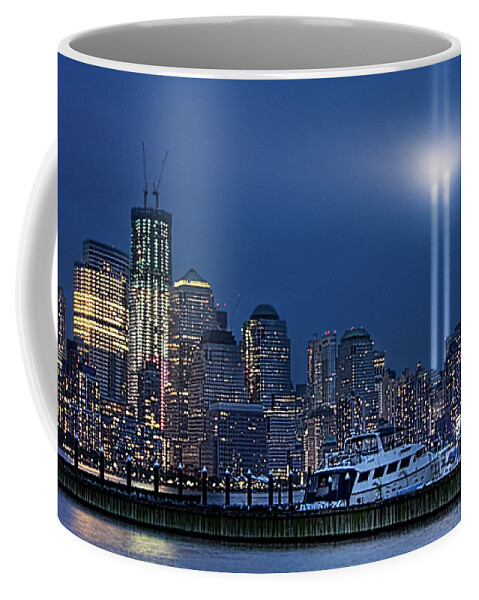 9/11 Coffee Mug featuring the photograph Ground Zero Tribute Lights and the Freedom Tower by Chris Lord