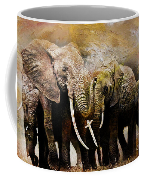 Giraffe Coffee Mug featuring the painting Group of Elephants 01 by Gull G