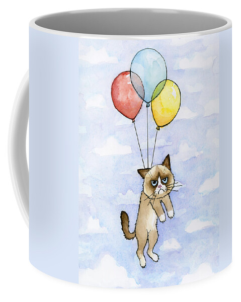 Grumpy Coffee Mug featuring the painting Grumpy Cat and Balloons by Olga Shvartsur