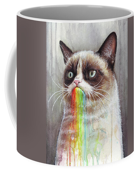 Grumpy Cat Coffee Mug featuring the painting Grumpy Cat Tastes the Rainbow by Olga Shvartsur
