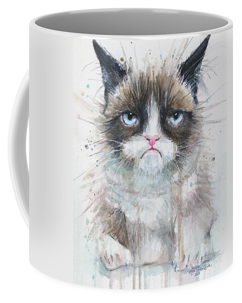Watercolor Coffee Mug featuring the painting Grumpy Cat Watercolor Painting by Olga Shvartsur