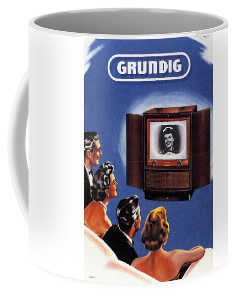 Vintage Coffee Mug featuring the mixed media Grundig - German Company - Vintage Advertising Poster by Studio Grafiikka