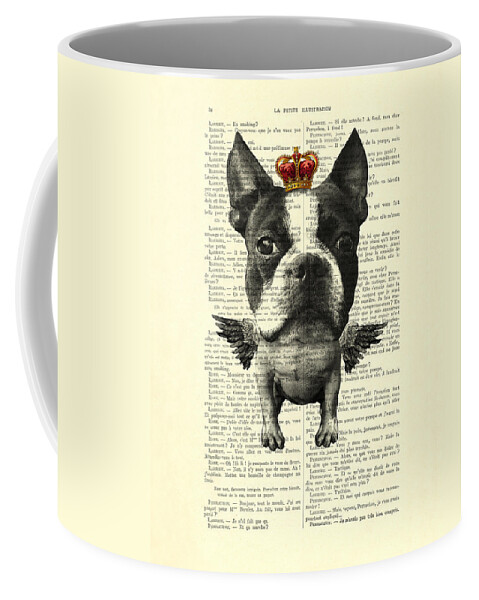 Angel Dog Coffee Mug featuring the digital art Boston Terrier With Wings And Red Crown Vintage Illustration Collage by Madame Memento