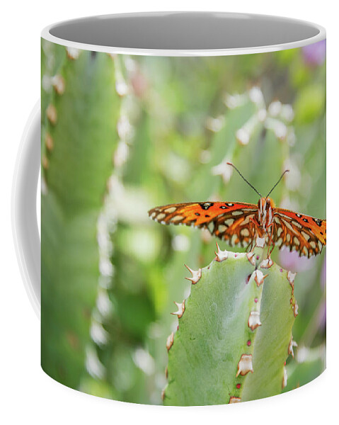 Gulf Fritillary Coffee Mug featuring the photograph Gulf Fritillary on Cactus by Saija Lehtonen