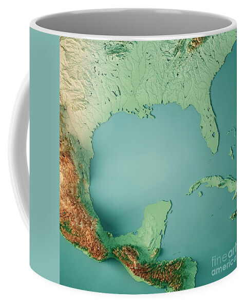 Caribbean Sea Coffee Mug featuring the digital art Gulf of Mexico 3D Render Topographic Map Color by Frank Ramspott