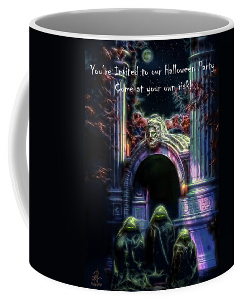 Ghosts Coffee Mug featuring the digital art Halloween Party Invitation - The Gate Keeper by Pennie McCracken