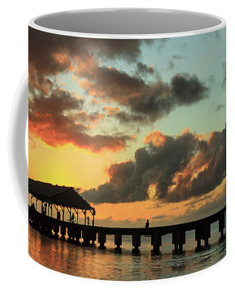 Hanalei Pier Coffee Mug featuring the photograph Hanalei Pier Sunset Panorama by James Eddy