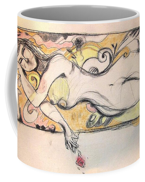 Reclining Female Marionette Angel Symbolic Puzzle Acrobat Woodcut Spiritual Coffee Mug featuring the drawing Hands Of Angels 2 by Mykul Anjelo