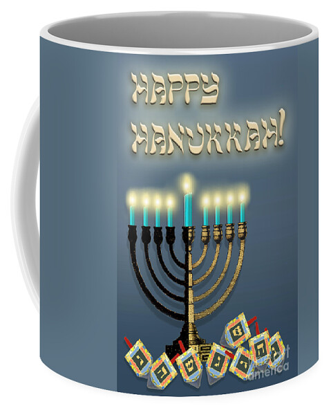 Hanukkah Coffee Mug featuring the digital art Hanukkah Menorah and Dreidels by Melissa A Benson