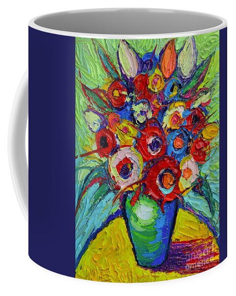 Abstract Coffee Mug featuring the painting Happy Bouquet Of Poppies And Colorful Wildflowers On Round Yellow Table Impasto Abstract Flowers by Ana Maria Edulescu