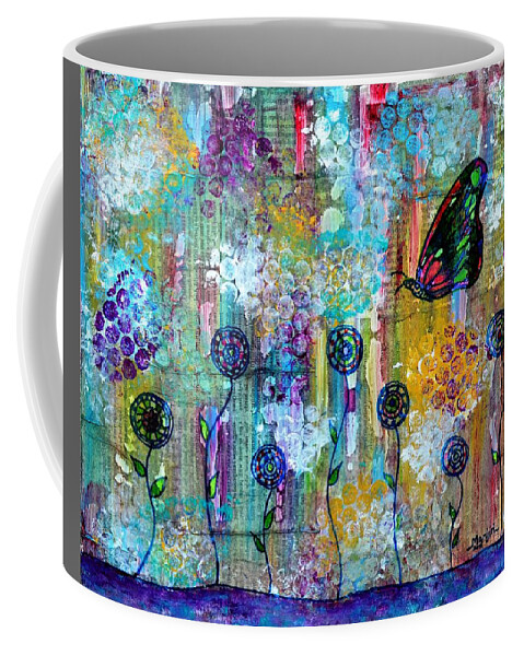 Butterfly Coffee Mug featuring the painting Happy Times Abstract with butterfly by Manjiri Kanvinde