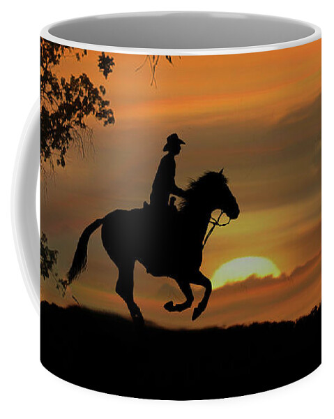 Cowboy Coffee Mug featuring the photograph Happy Trails Cowboy Riding off into the Sunset by Stephanie Laird