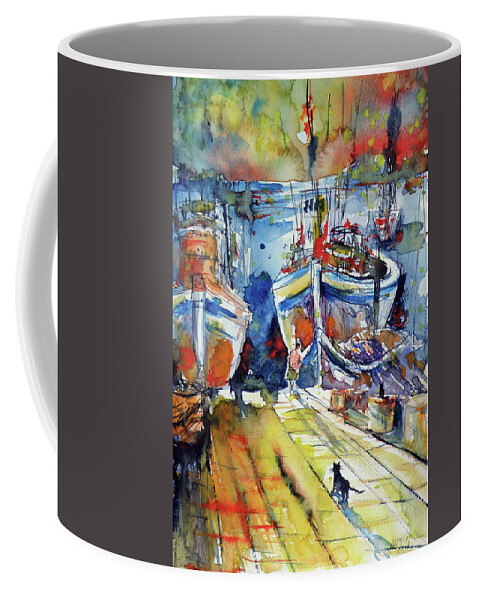 Harbor Coffee Mug featuring the painting Harbor with cats by Kovacs Anna Brigitta