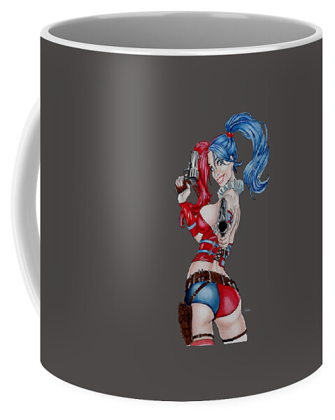 Harley Coffee Mug featuring the drawing Harley Quinn with pistols by Bill Richards