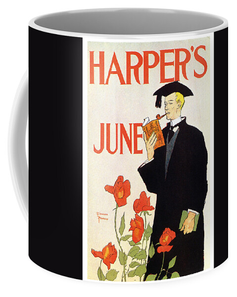 Harper's June Coffee Mug featuring the mixed media Harper's Magazine - June - Magazine Cover - Vintage Advertising Poster by Studio Grafiikka