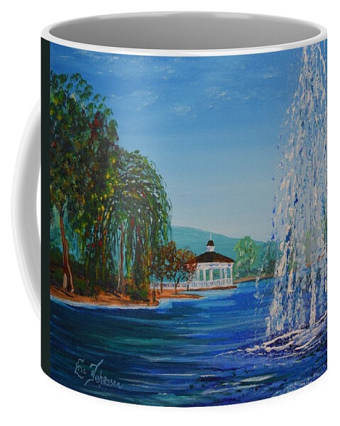 Harveston Lake Coffee Mug featuring the painting Harveston Lake Fountain by Eric Johansen