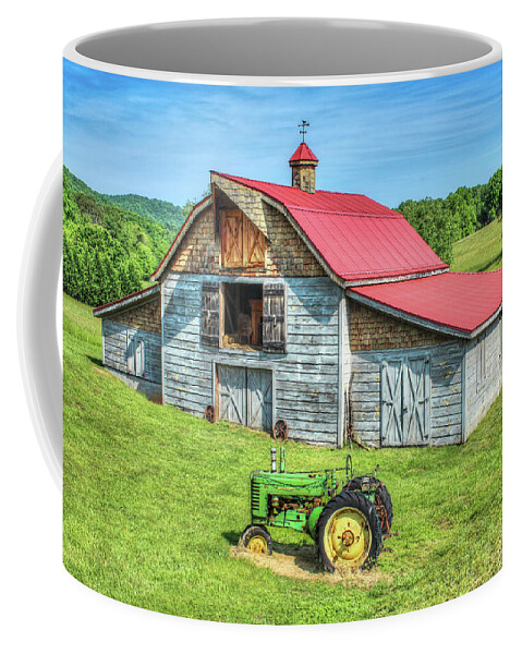 Hayesville Coffee Mug featuring the photograph Hayesville Barn And Tractor by Lorraine Baum