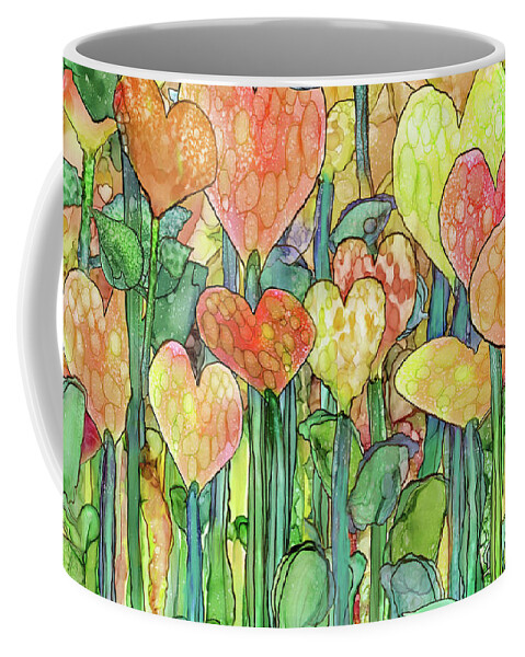 Carol Cavalaris Coffee Mug featuring the mixed media Heart Bloomies 3 - Golden by Carol Cavalaris