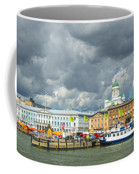 Helsinki; Finland; South Harbor; Harbor; Europe; Clouds; Boats; Ships; Market Square; Helsinki Cathedral Coffee Mug featuring the photograph Helsinki, South Harbor by Mick Burkey