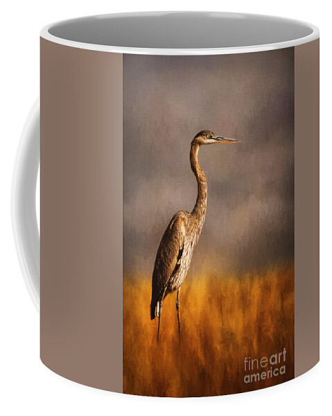 Heron In The Field Coffee Mug featuring the photograph Heron in the Field by Priscilla Burgers