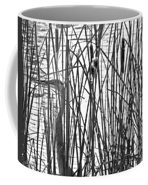 Blue Heron Coffee Mug featuring the photograph Heron in the Grass in BW by Jennifer Robin