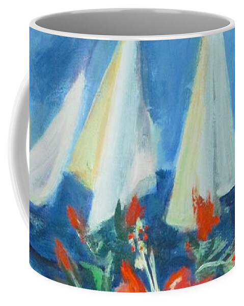 Hibiscus Flower Painting Coffee Mug featuring the painting Hibiscus with an Orange and Sails for Breakfast by Betty Pieper
