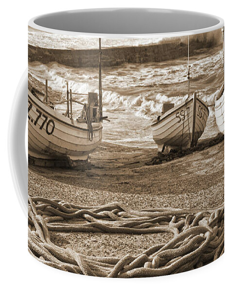Harbor Coffee Mug featuring the photograph High Tide In Sennen Cove Sepia by Terri Waters