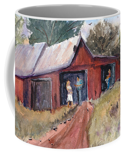 Hillside Talk Coffee Mug featuring the painting Hillside Talk - Rural Barn - Landscape by Barry Jones
