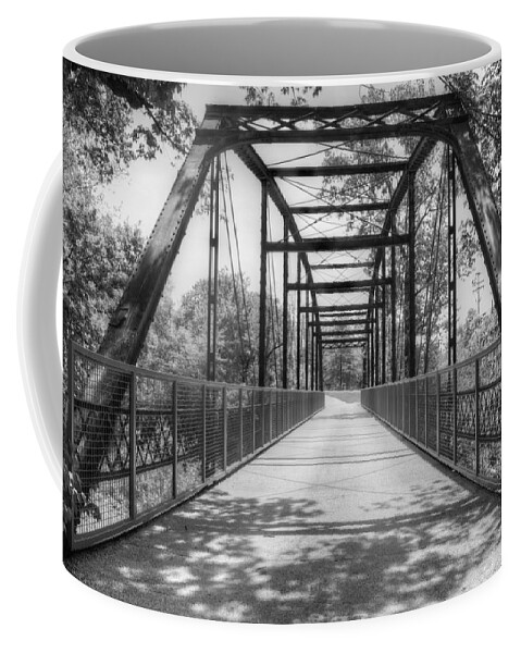 Bridge Coffee Mug featuring the photograph Hinkson Creek Bridge in Black and White by Cricket Hackmann