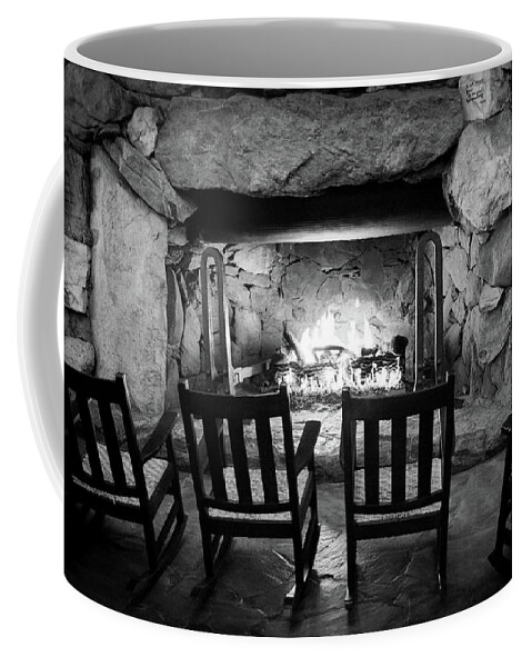 Grove Park Inn Coffee Mug featuring the photograph WINTER WARMTH in BLACK and WHITE by Karen Wiles