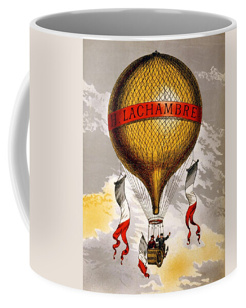 H.lachambre Coffee Mug featuring the mixed media H.Lachambre - Two Men Flying in a Hot Air Balloon - Retro travel Poster - Vintage Poster by Studio Grafiikka